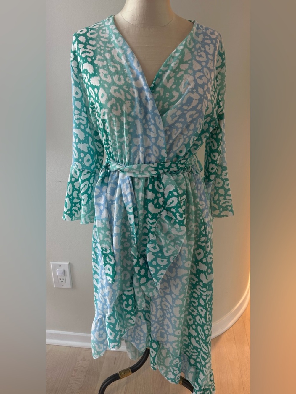 Aqua & Light Blue Leopard Print Wrap Dress